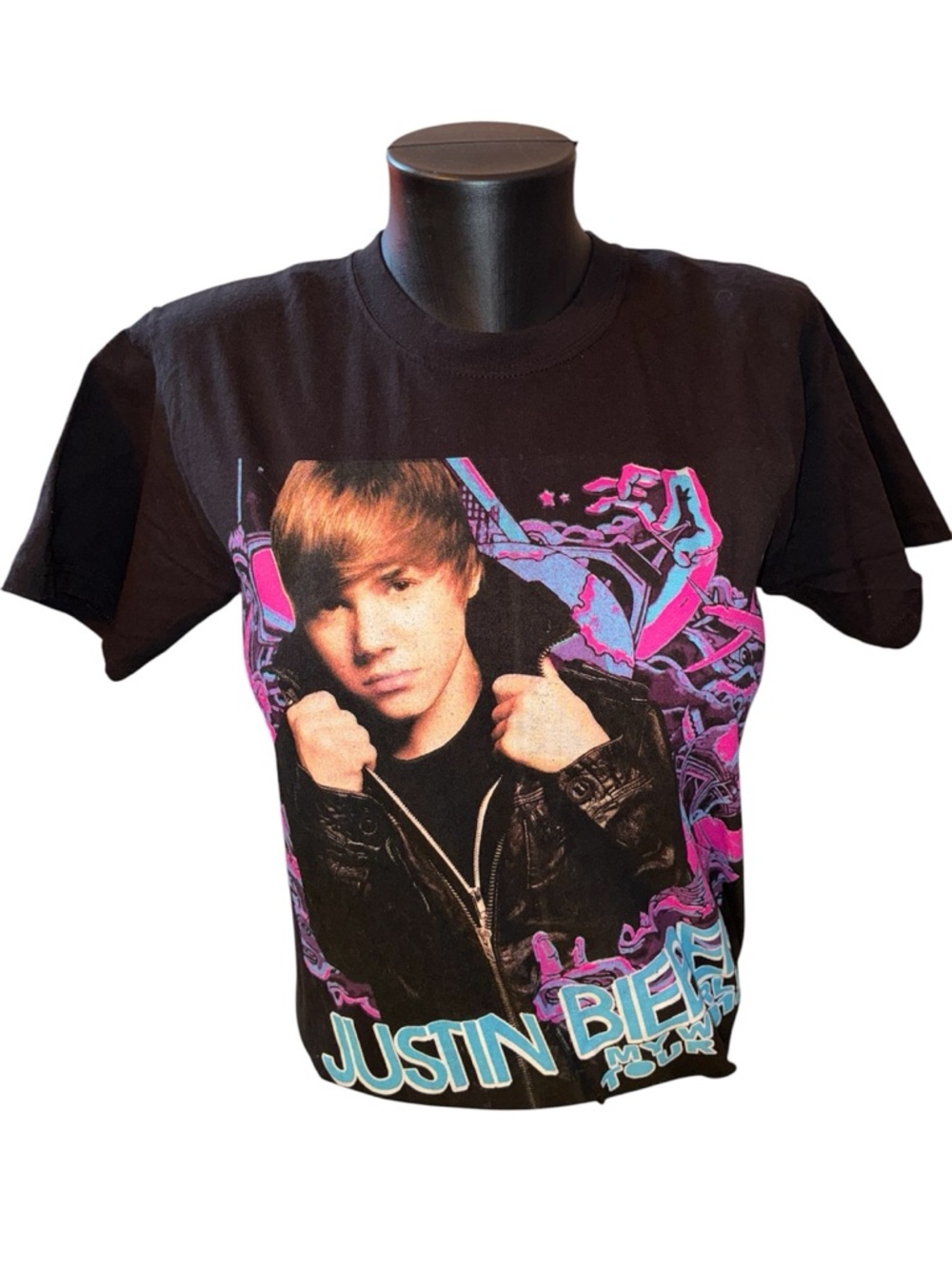 Justin Bieber Black with Pink & Blue Print 2010 Tour concert t shirt “My World”